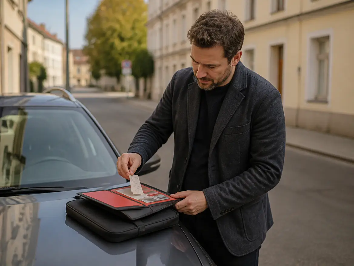 Podnikatel u zaparkovaného auta ukládá účtenku z pracovní cesty